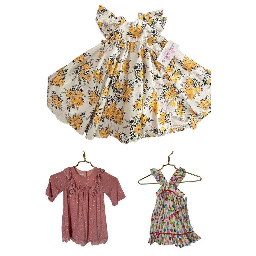 Lot Of 3 Bonnie Baby Dresses Size 24M Pineapple Print Floral Polka Dot Ruffles